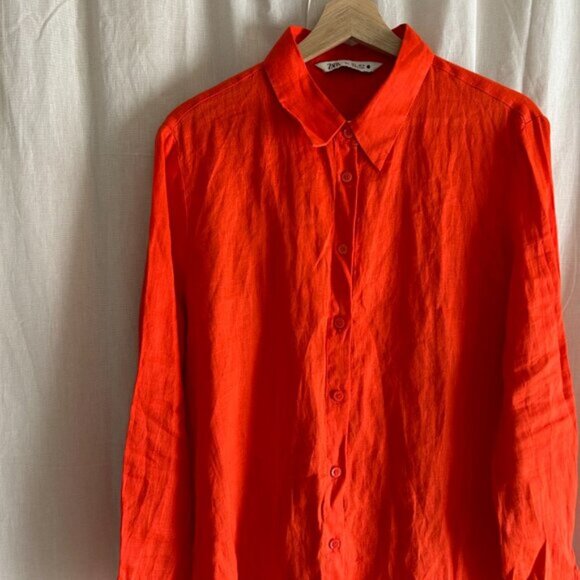 ZARA orange 100% linen Long Sleeve Button Down Shirt L - Picture 4 of 9